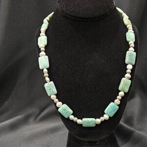 Handcrafted Sterling Silver Amazonite Cultured Fresh Water Pearl Necklace